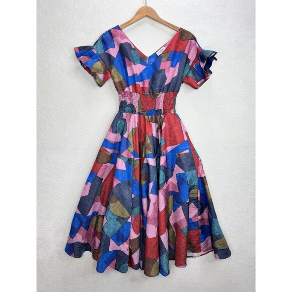 Lili Sidonio Molly Bracken Women's Colorful Geometric Print Flare Dress Size S - Picture 2 of 14